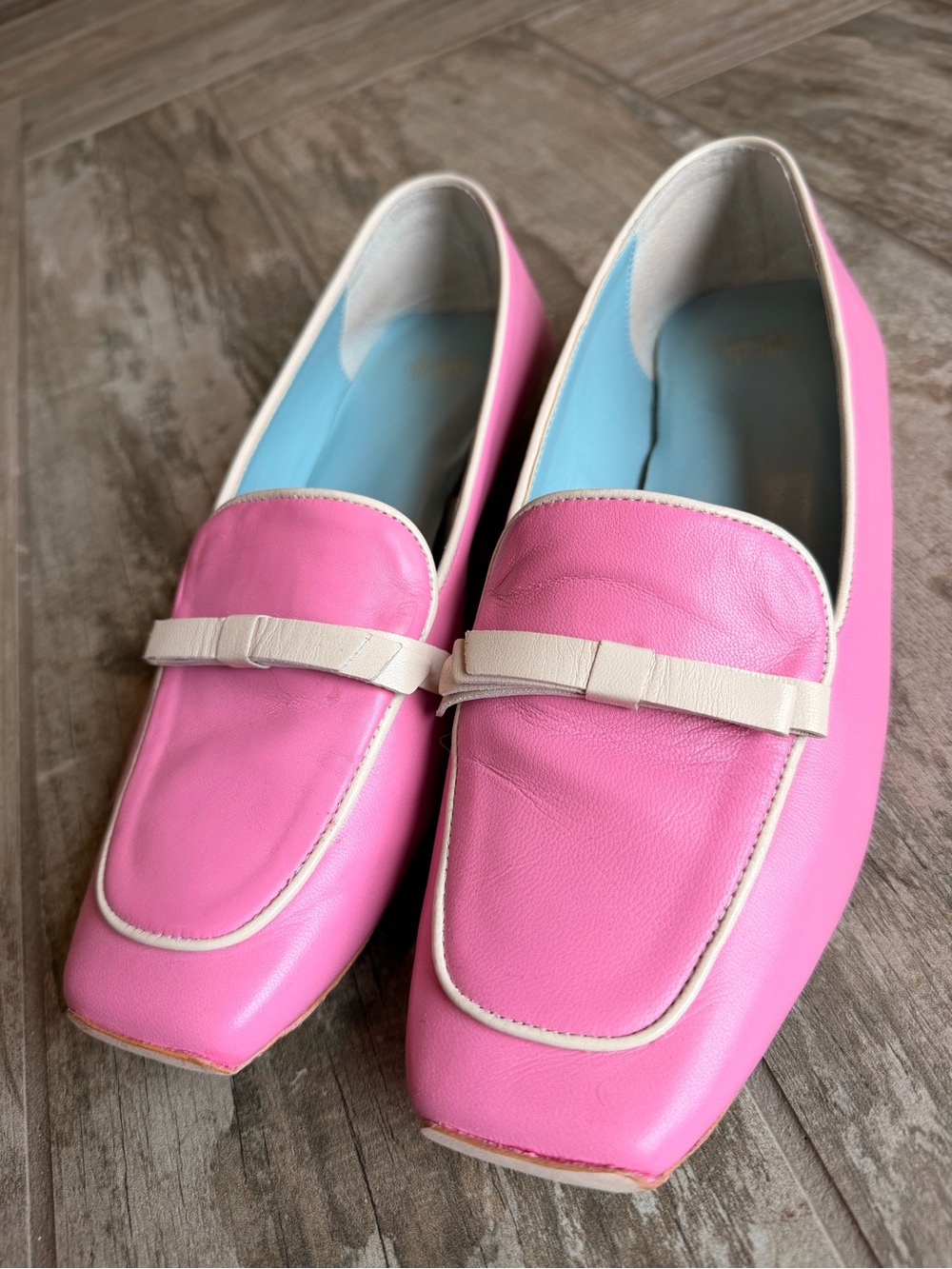 Frances Valentine Pink Leather Loafers with Cream Trim